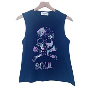 Soulcycle Womens Tank Top Navy Blue Cotton Jersey Floral Skull Graphic Size XS
